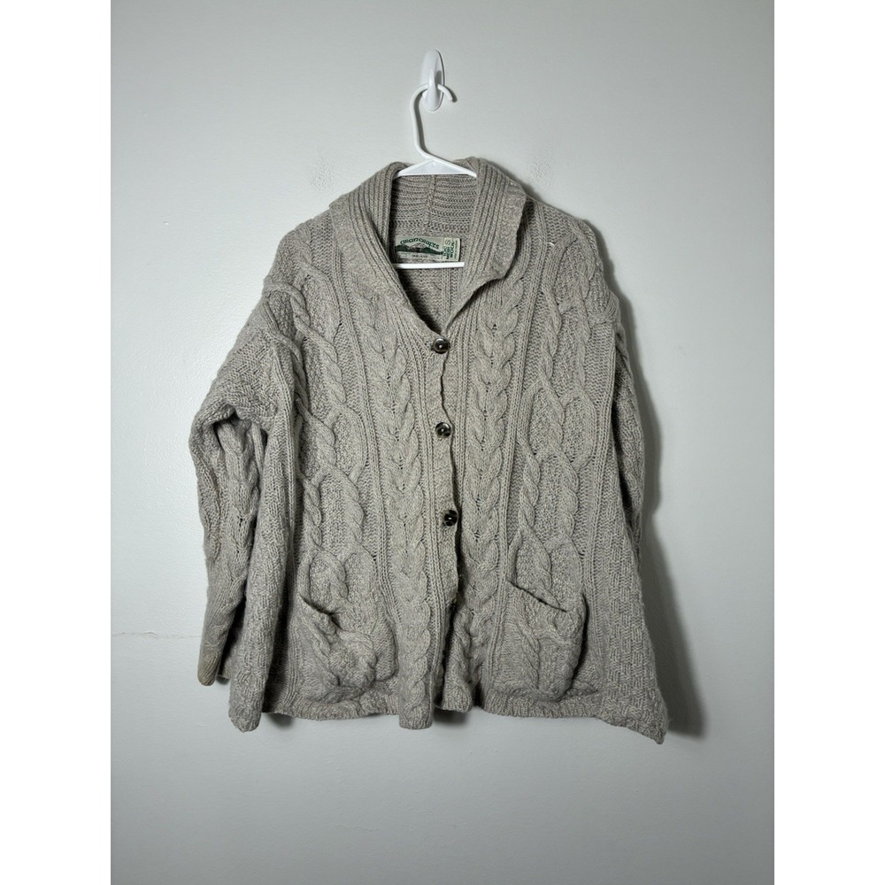 aran crafts Ireland Button Up Cable Knit Cardigan Sz Small 100% Wool Flaw Read